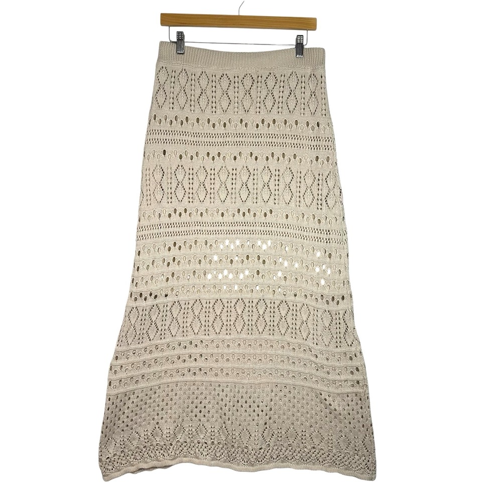 Solitaire Crochet Knit Maxi Skirt L Beige Boho Festival Beach‎ Lined Eyelet Long